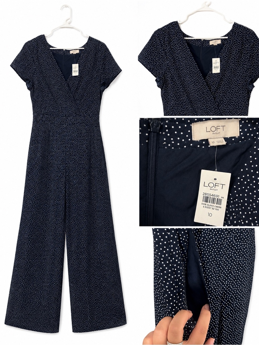 LOFT Navy with White Dot Wide-Leg Jumpsuit